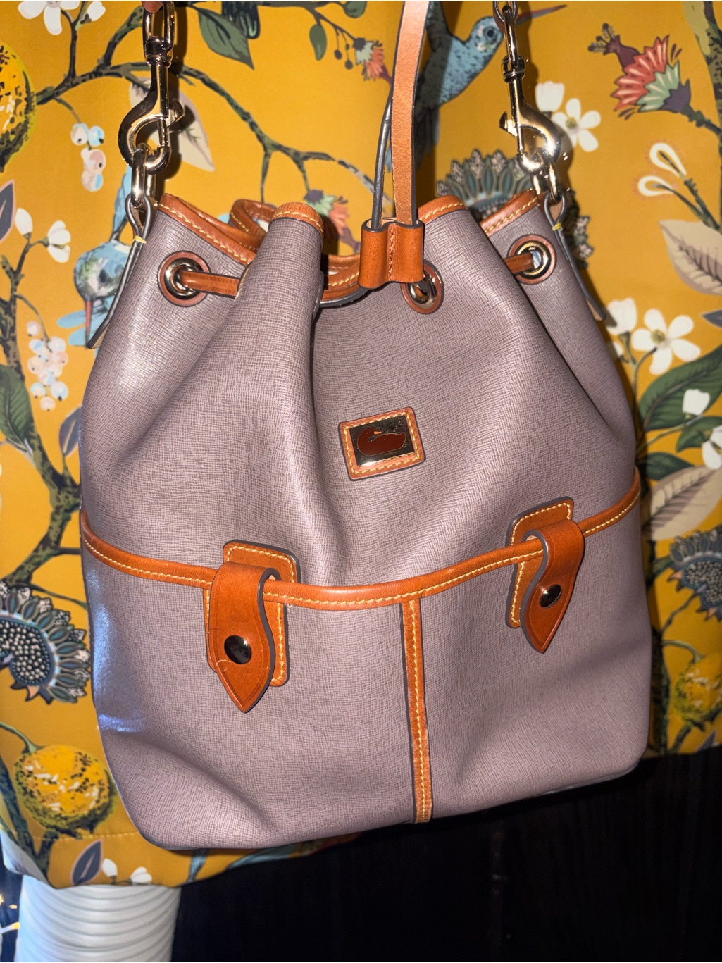 Dooney And Bourke Elephant Gray Saffiano Camden Drawstring Bucket Purse